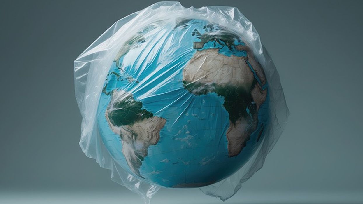 A globe is covered in plastic wrap. 