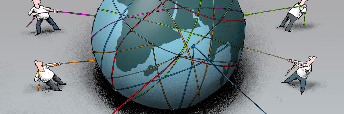 A globe wrapped in strings and pulled in multiple directions.