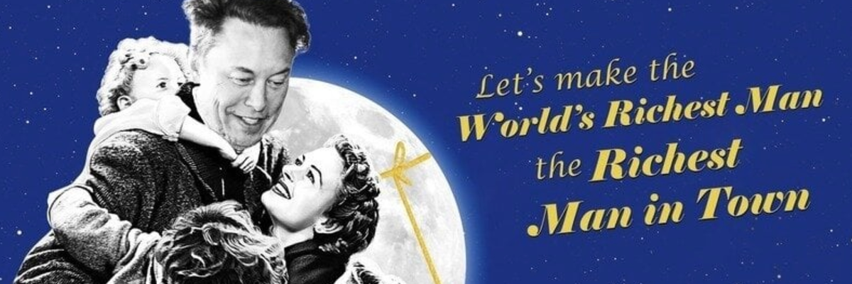 A graphic shows billionaire Elon Musk superimposed into an image from the film "It's a Wonderful Life."