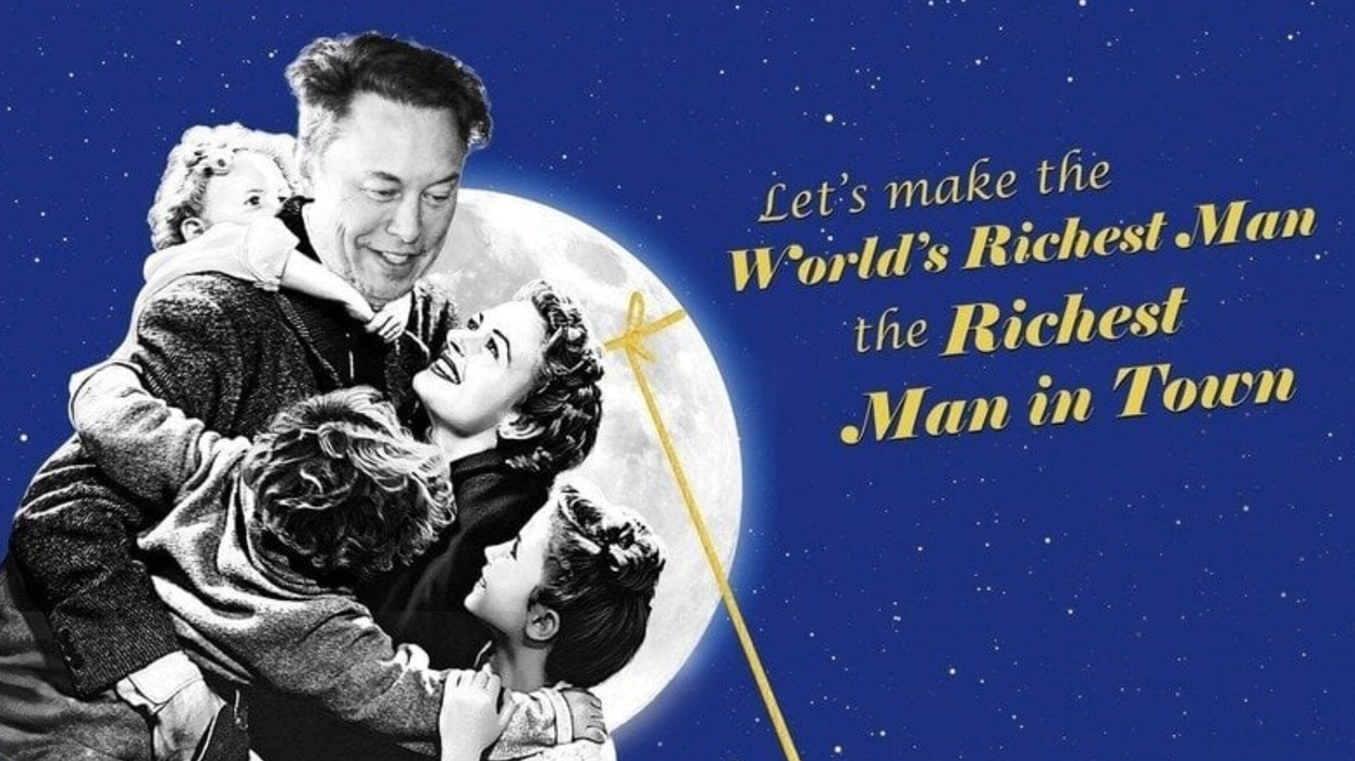 A graphic shows billionaire Elon Musk superimposed into an image from the film "It's a Wonderful Life."