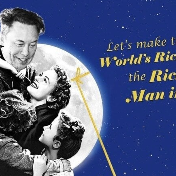 A graphic shows billionaire Elon Musk superimposed into an image from the film "It's a Wonderful Life."