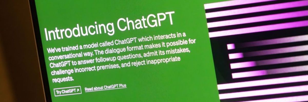 A green computer screen with the words "Introducing ChatGPT" in white. 