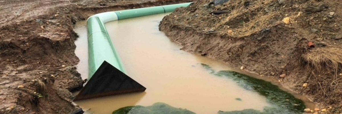 A green pipeline piece in brown water. 