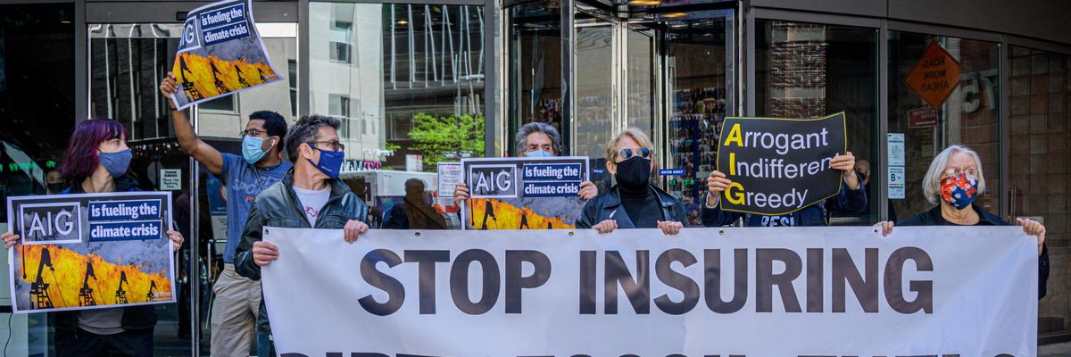 A group of activists, working with the Insure Our Future Network, gathered outside AIG headquarters in Manhattan during their annual shareholder meeting on May 12, 2021 to demand that AIG take action to address the climate crisis. (Photo: Erik McGregor/LightRocket via Getty Images)