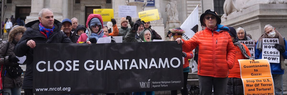 A group of peace activists gathered on January 11, 2025, in New York City to protest the Guantanamo Bay detention camp.