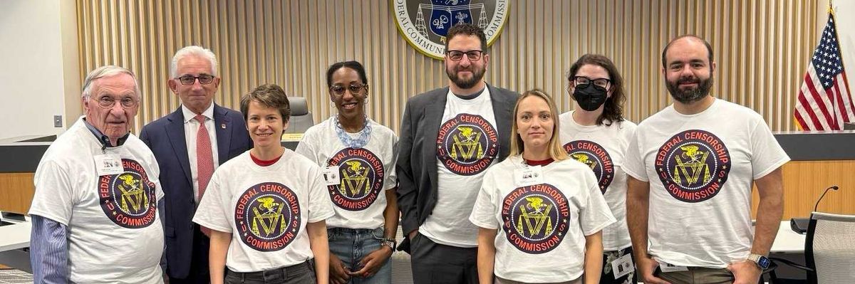 A group ofpeople in "Federal Censorship Commission" T-shirt attended the FCC meeting