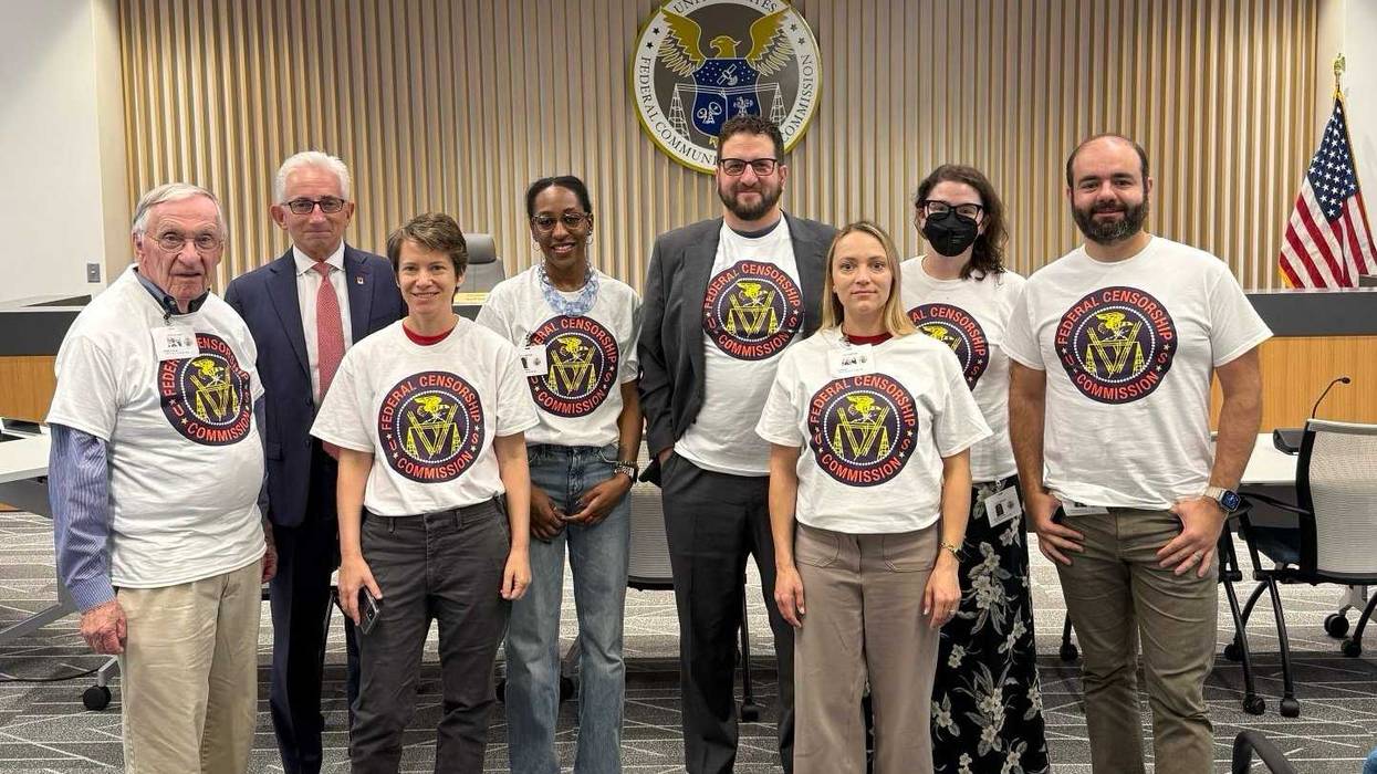 A group ofpeople in "Federal Censorship Commission" T-shirt attended the FCC meeting