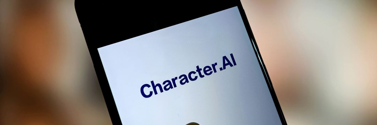A hand holds a smart phone. The screen reads "Character.AI."
