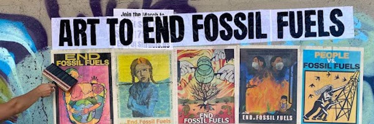 A hand uses a brush to paste colorful posters to a wall under the banner, "Art to End Fossil Fuels."
