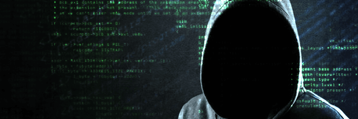A hooded, shadowy figure is set against a backdrop of computer code in this animated image.