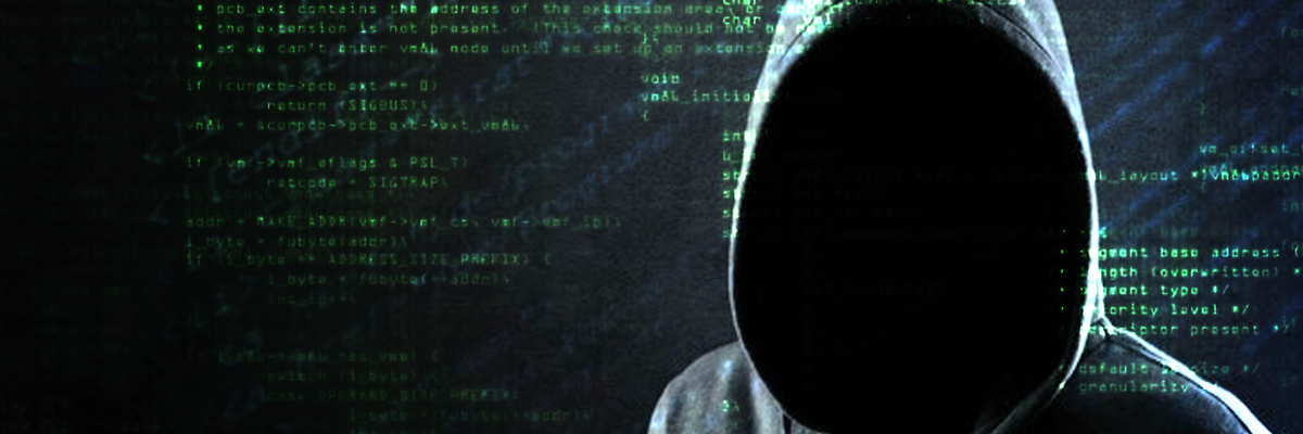 A hooded, shadowy figure is set against a backdrop of computer code in this animated image.