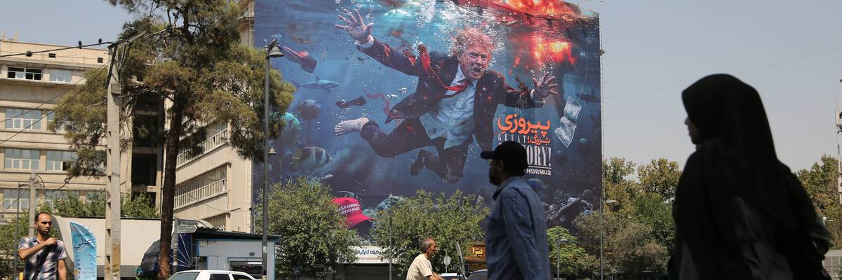 A huge anti-US banner has been hung in Tehran