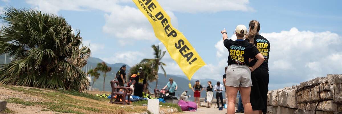 A kite reading, "Protect the Deep Sea" flies in the sky.