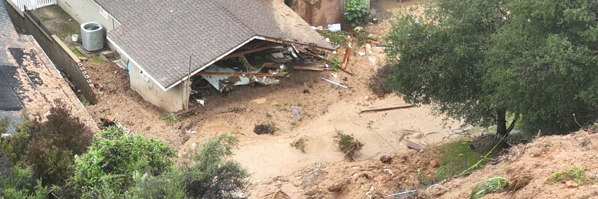 A landslide triggered by rain left a La Cañada Flintridge, California home damaged on February 27, 2023.
