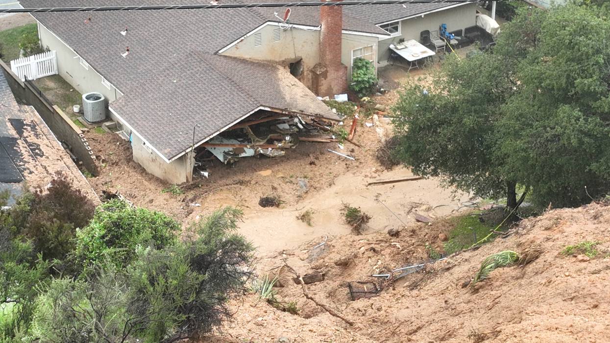 A landslide triggered by rain left a La Cañada Flintridge, California home damaged on February 27, 2023.