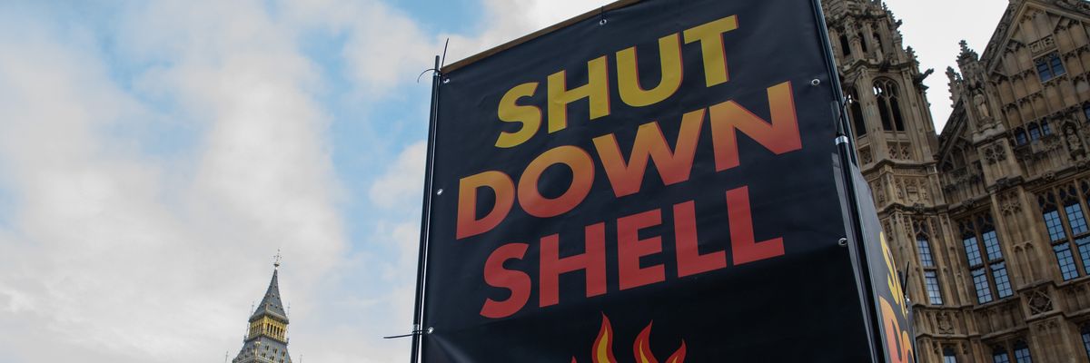 A large display from environmental campaign group Fossil Free London