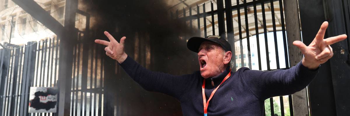 A Lebanese protestor shouts slogans