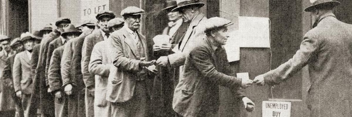 A line of unemployed men buy apples for 5 cents during the Great Depression.
