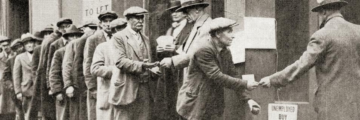 A line of unemployed men buy apples for 5 cents during the Great Depression.