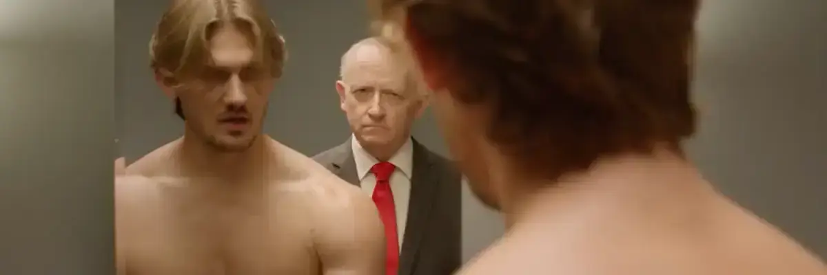 A man gets Plan B from a cabinet during a political ad.