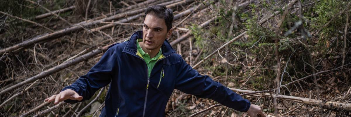 A man holds out his hands in front of evidence of logging.