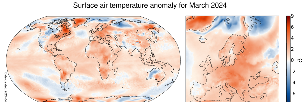 A map showing the surface air temperature anomaly for March 2024.