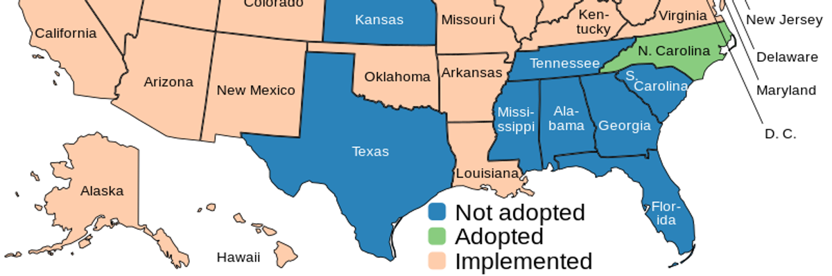 A map showing which U.S. states have and have not expanded Medicaid. 