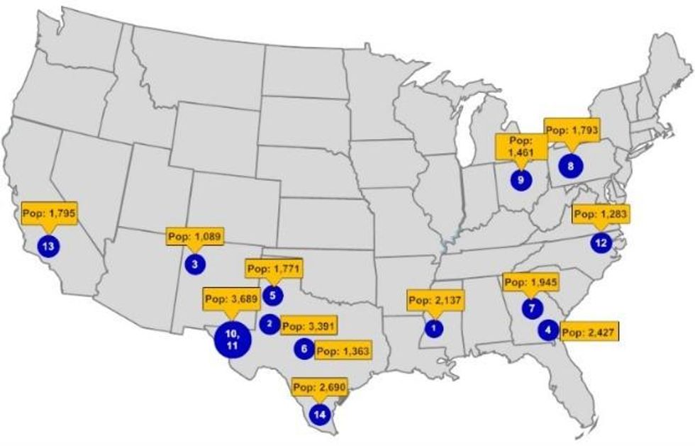 A map shows the locations and populations of privately owned federal prisons. (Image: U.S. Department of Justice)