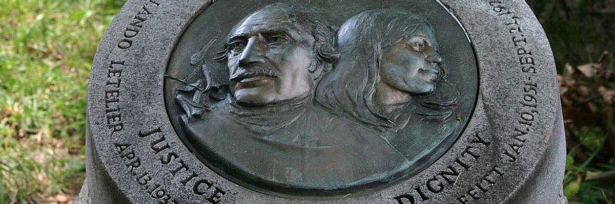 A memorial to Orlando Letelier and Ronni K Moffit.