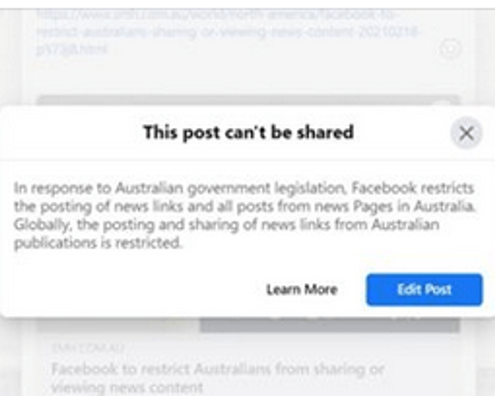 A message U.S.-based Facebook users received Thursday when attempting to share an article from the Sydney Morning Herald. (Screengrab)