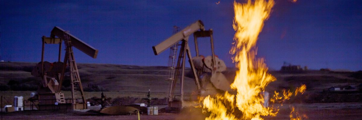 A methane flaring pit is seen in the Bakken Oil Field on October 18, 2011.
