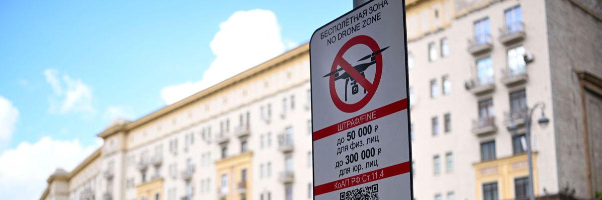 A "No Drone Zone" sign is pictured in Moscow on May 3, 2023.