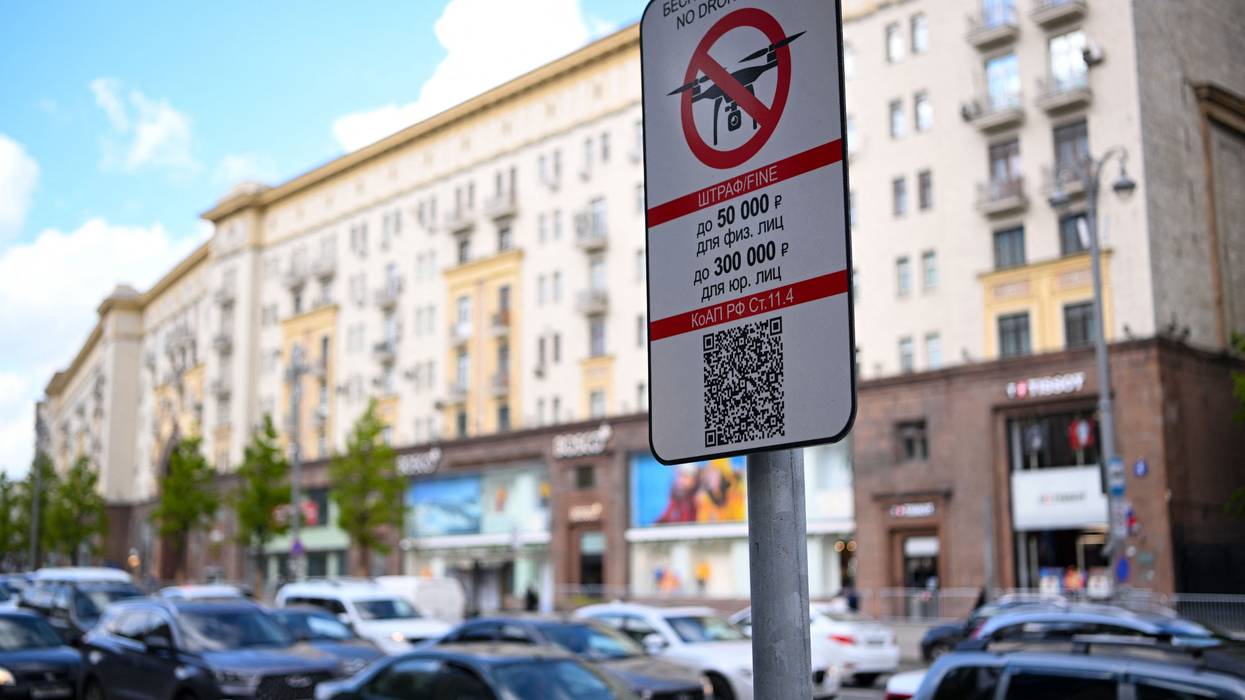 A "No Drone Zone" sign is pictured in Moscow on May 3, 2023.