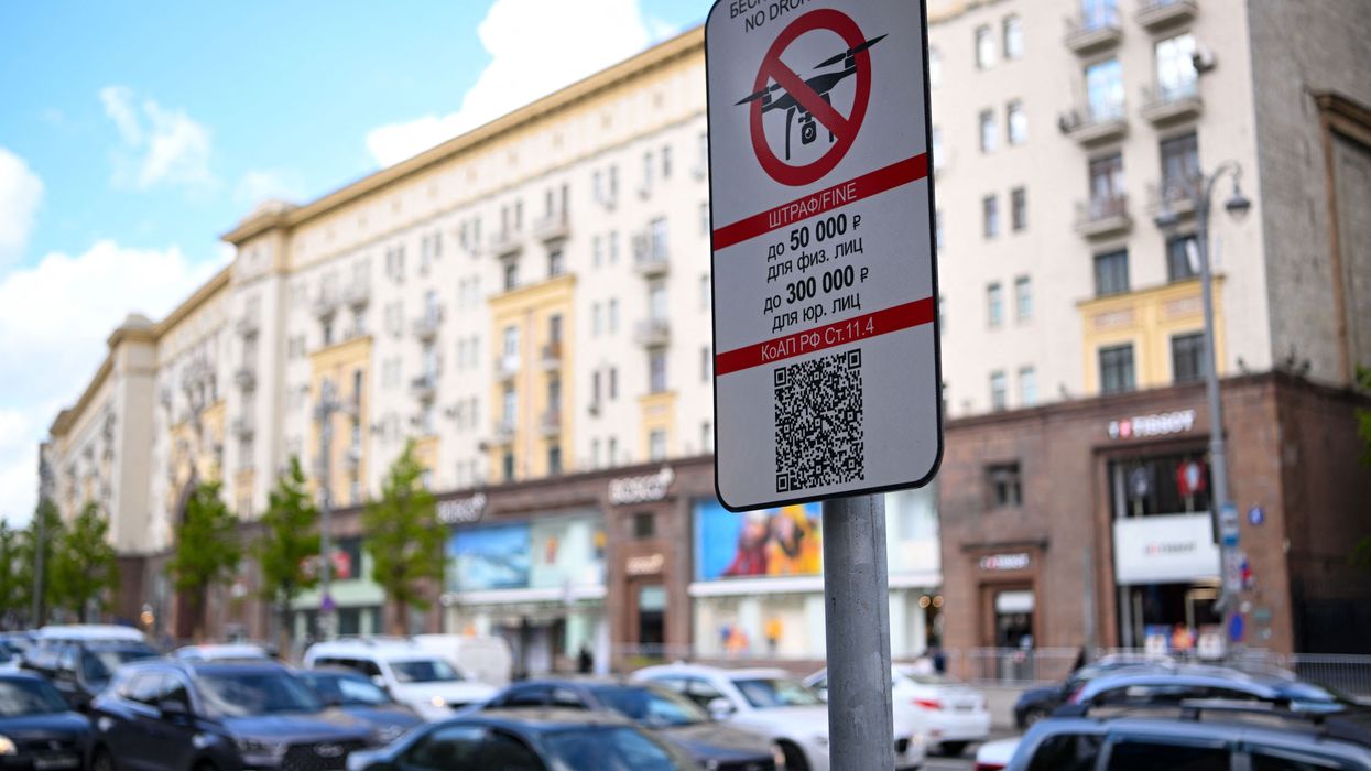 A "No Drone Zone" sign is pictured in Moscow on May 3, 2023.