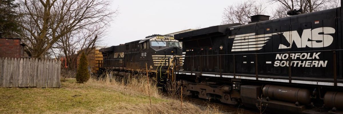 A Norfolk Southern train passes through East Palestine, Ohio on February 14, 2023.