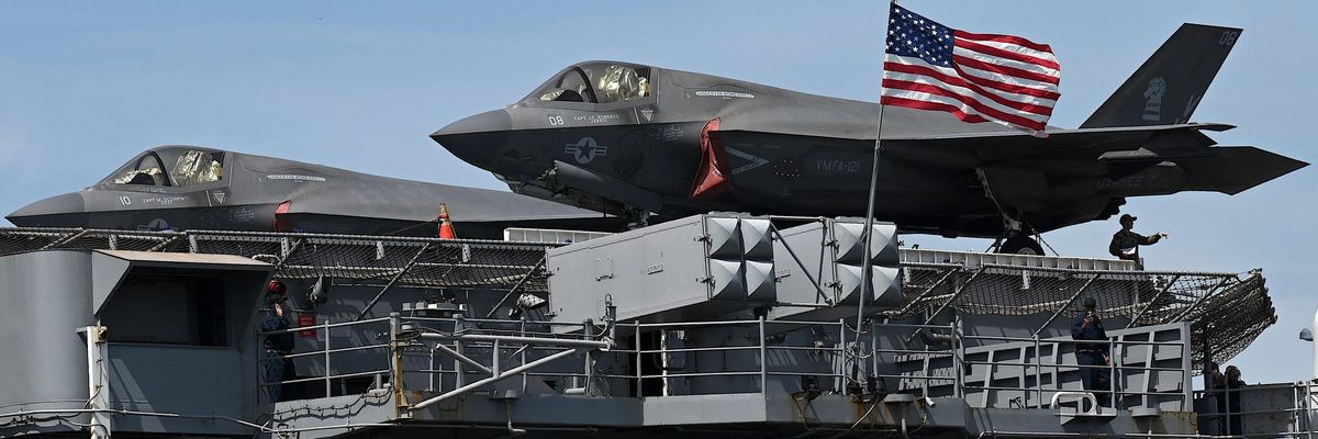 A pair of F-35B Lightning II aircraft are seen on board a U.S. warship in Manila, Philippines on September 27, 2022.