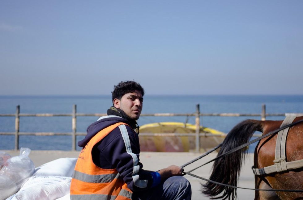 A Palestinian man transports building supplies through Gaza's Shati refugee camp with a horse and cart. Photo by Kaamil Ahmed/Mongabay.