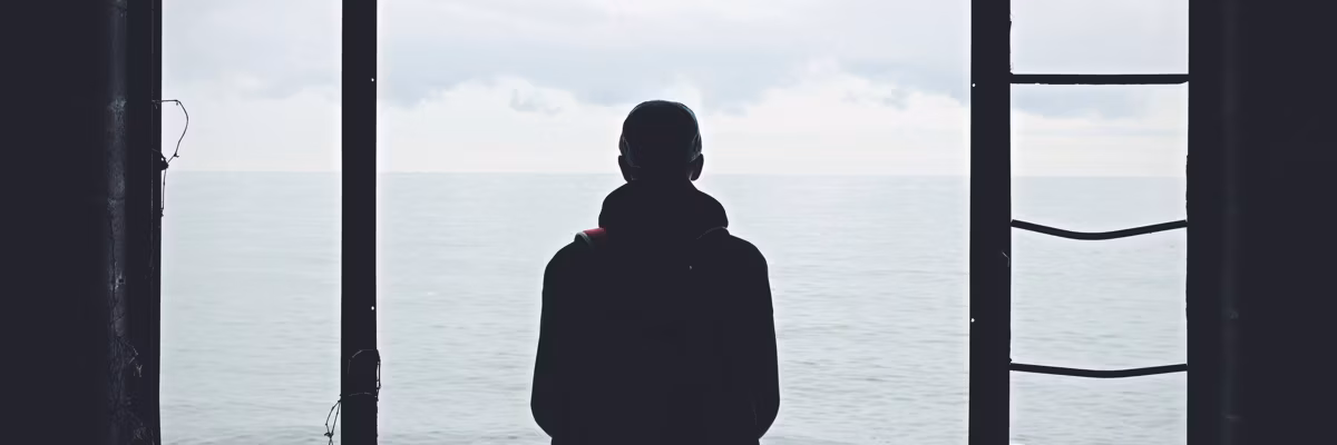 A person looks through a window.