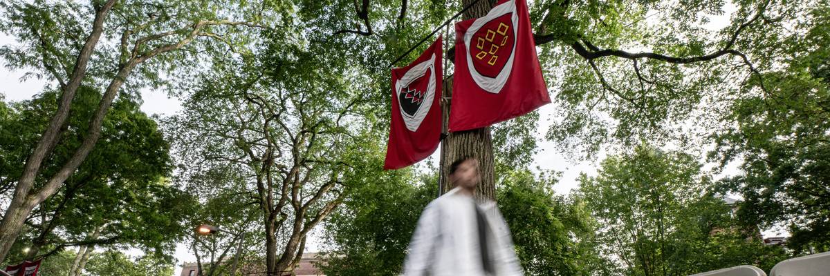 a person not in focus walks in front of two flags