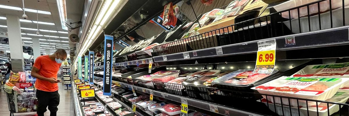 A person shops for meat at a grocery store