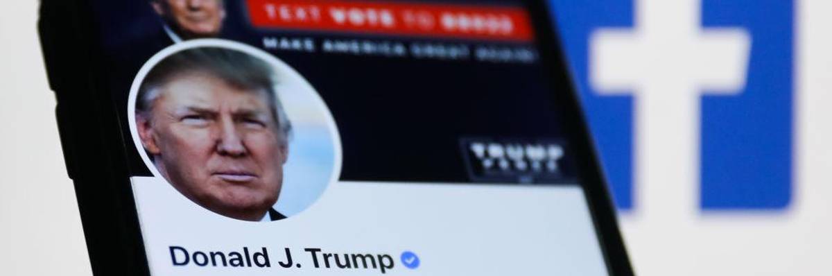 A phone featuring a Donald Trump is shown in front of a Facebook logo.