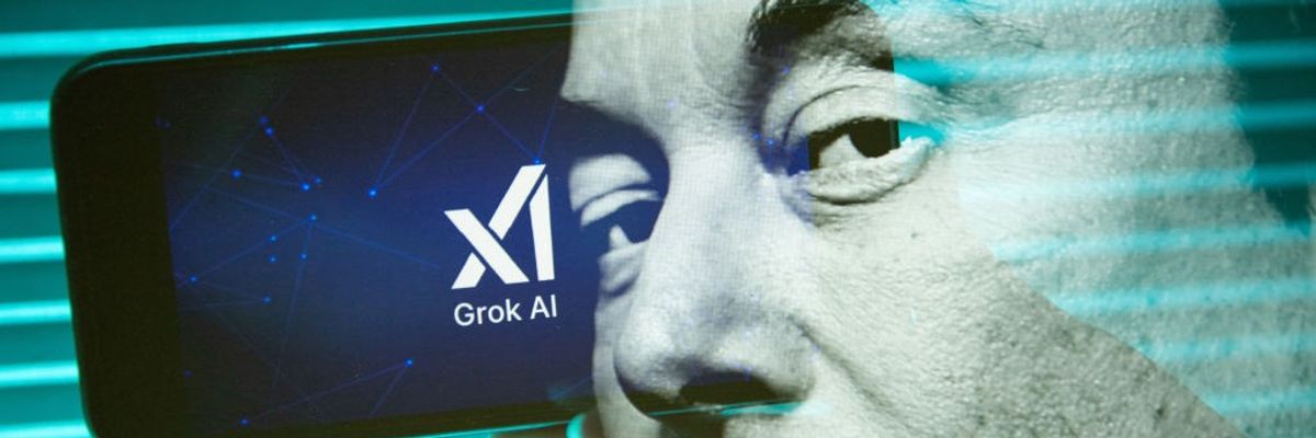A photo of tech billionaire Elon Musk appears beside a phone displaying the Grok AI logo