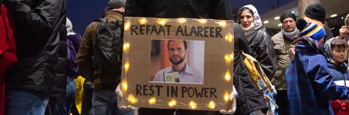 A photo of the renowned Palestinian poet Refaat Alareer, who was killed