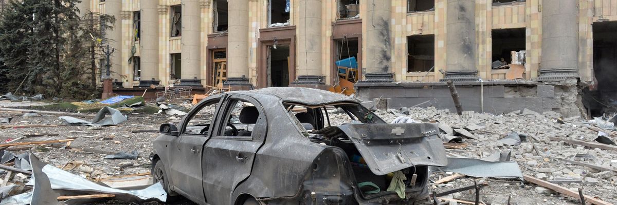 A photo shows a city square in Kharkiv following a missile attack