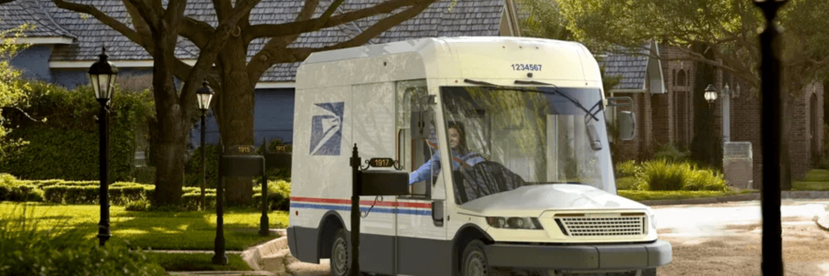 A photo shows an electric USPS delivery truck