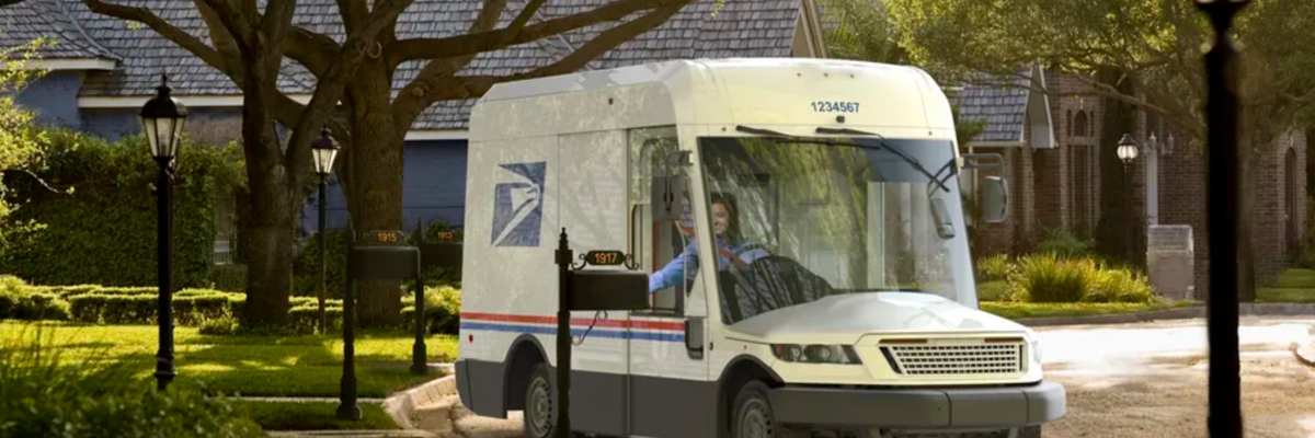 A photo shows an electric USPS delivery truck