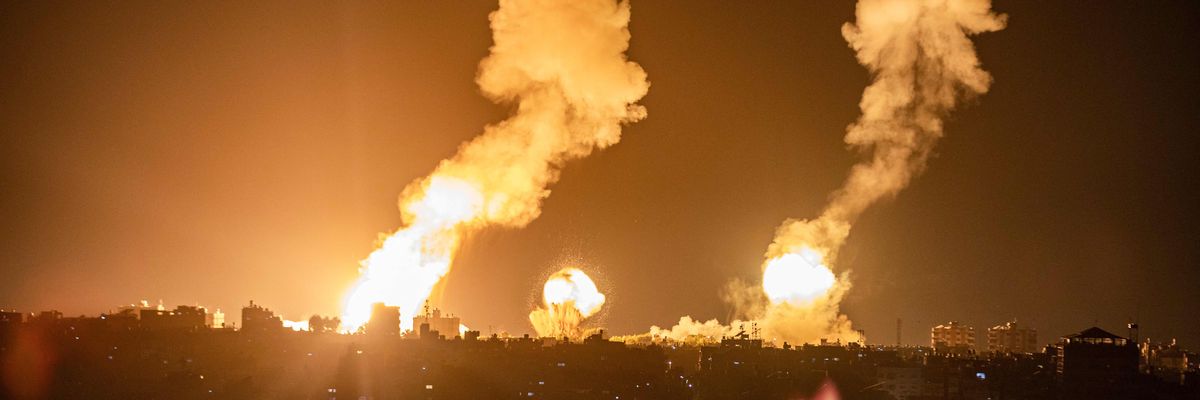 A photo shows shows explosions in Khan Yunis in the southern Gaza Strip