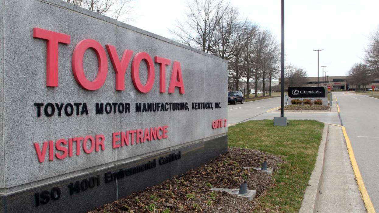 A photo shows the visitors entrance sign to a Toyota plant in Kentucky.