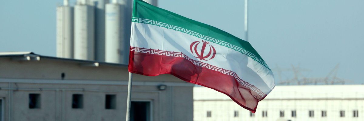 A picture taken on November 10, 2019, shows an Iranian flag in Iran's Bushehr nuclear power plant, during an official ceremony to kick-start works on a second reactor at the facility. 