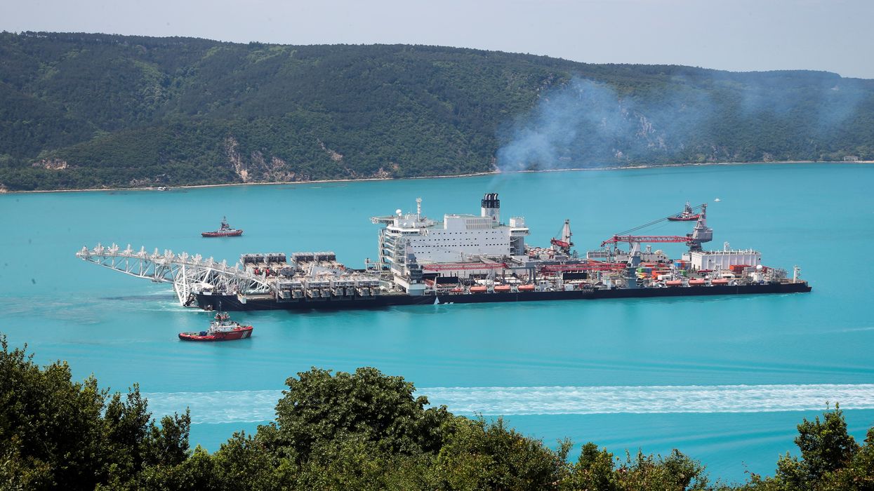 A pipelayer vessel travels from Turkey to Russia through Bosphorus.